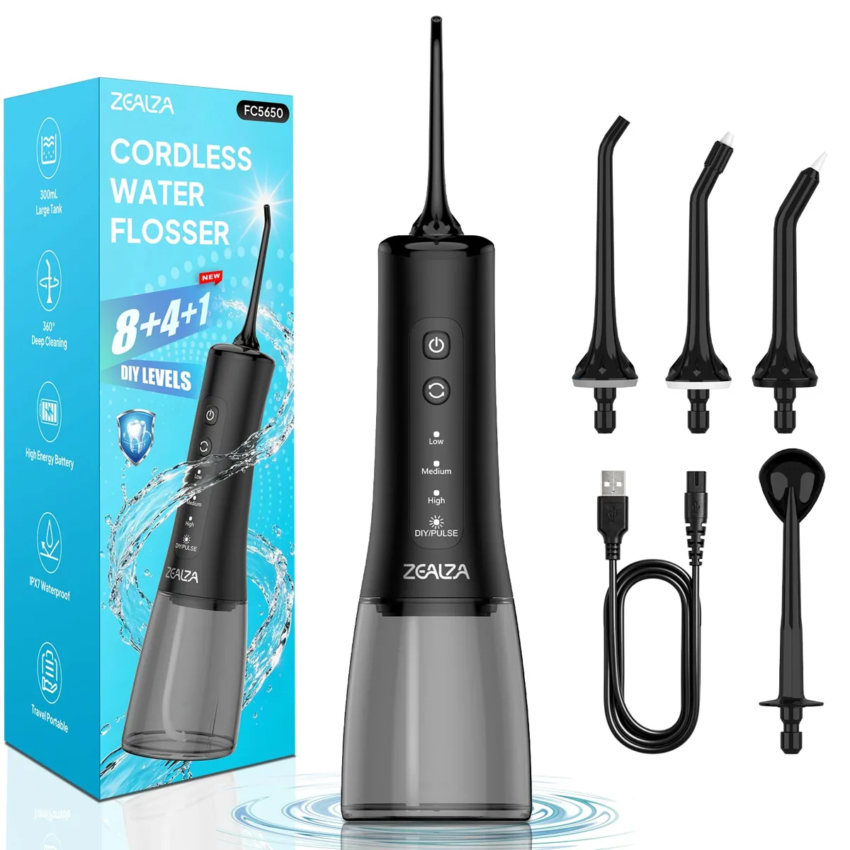 Zealza FC5650 irrigador dental portátil · 13 modos · 30-150 PSI · 5 boquillas · 300 ml